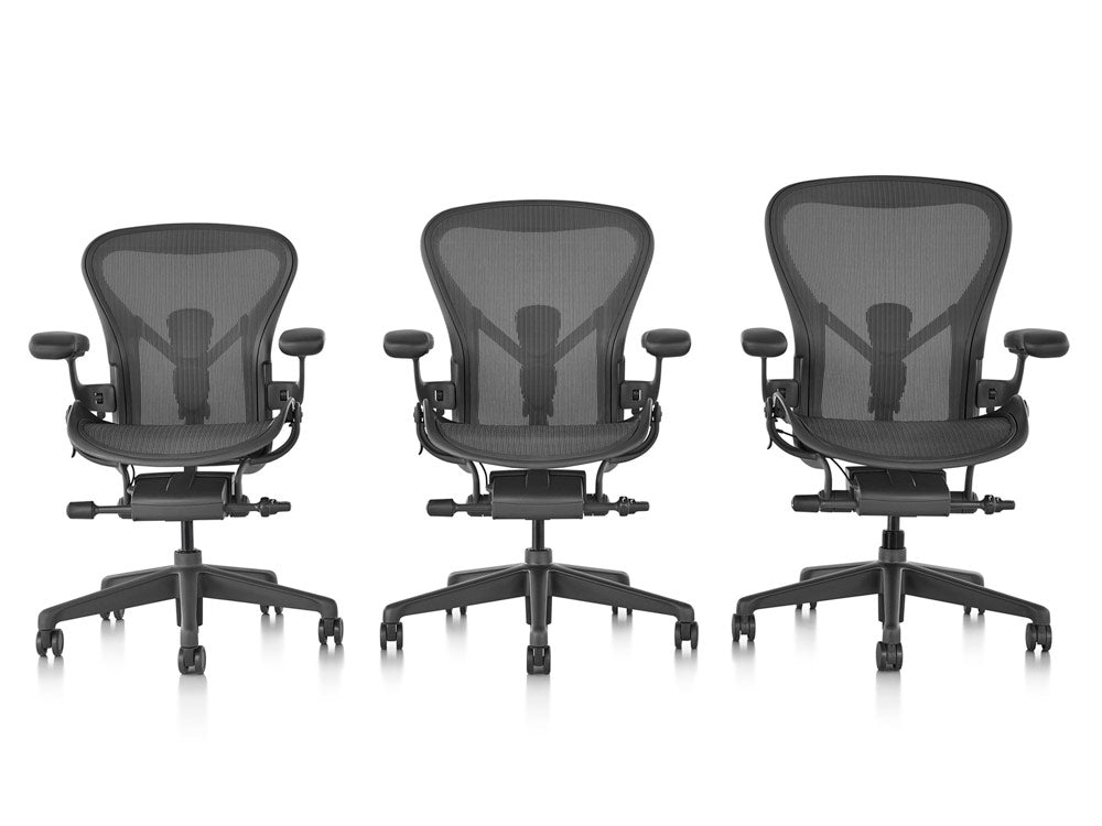 Herman Miller Aeron graphite line up showing the 3 differents sizes A, B and C