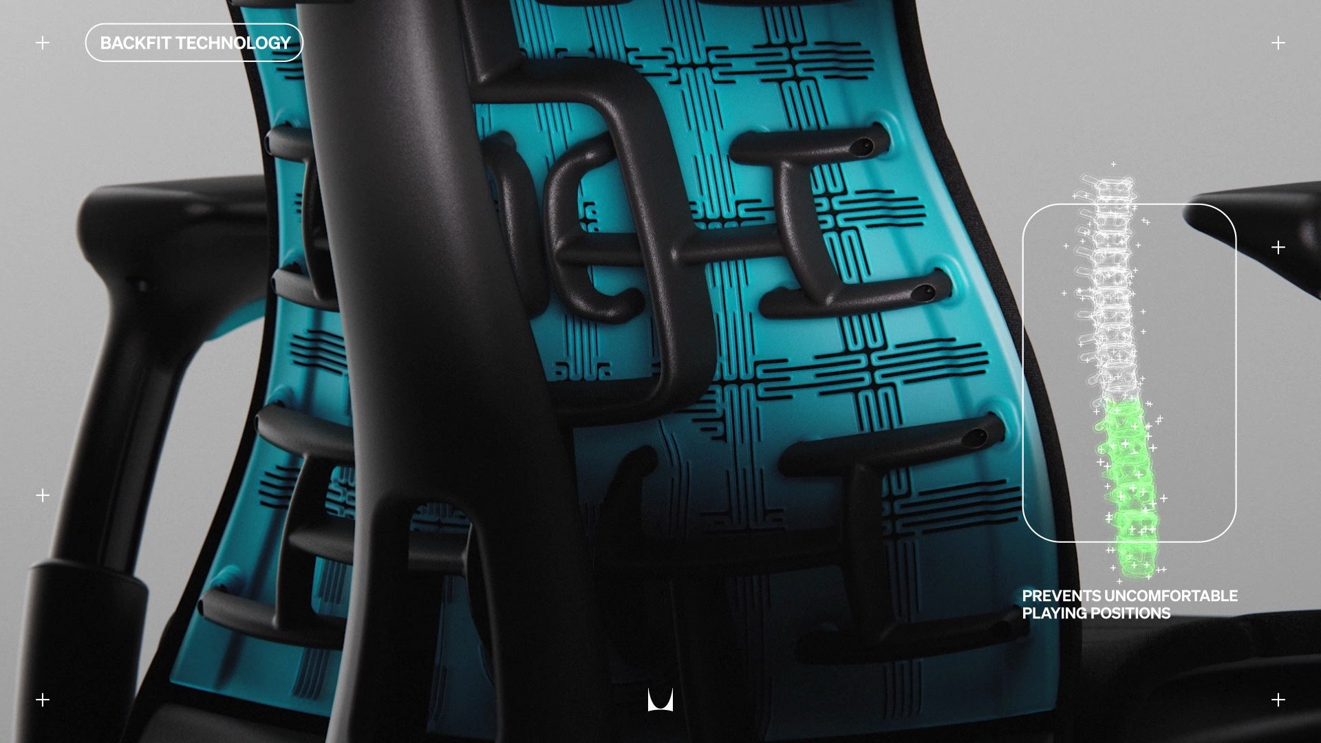 Close view of the spine on the back of Embody gaming chair in cyan, overlaid with small line drawing of a human spine with wording 'prevents uncomfortable playing positions' and Backfit Technology in top left of image