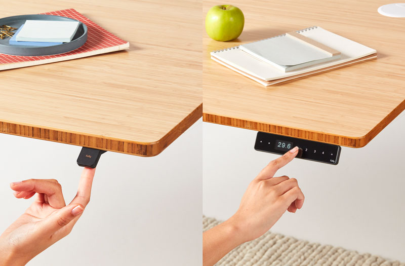 A collage of two close-up images, featuring a hand touching the up/down toggle handset and the programmable module to adjust the height of a Jarvis standing desk by Herman Miller.