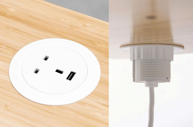 A collage of two close-up images, showing a white powered grommet in a Jarvis standing desk, featuring AC power sockets and a USB charging port.