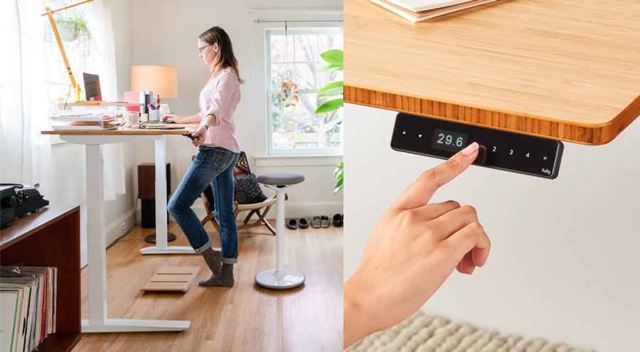A collage of two images. The first is a woman stood working at a Jarvis standing desk in a home office space, with wooden floors and white walls. The second is a close-up of her hand on the control panel.