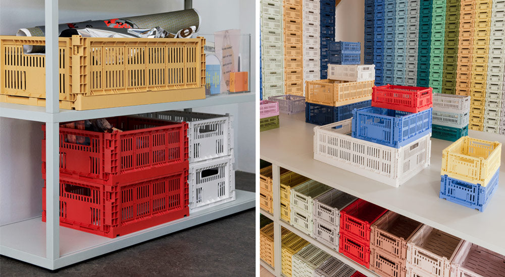 A collage of two images featuring Recycled colour crates by HAY in an array of sizes and colours.
