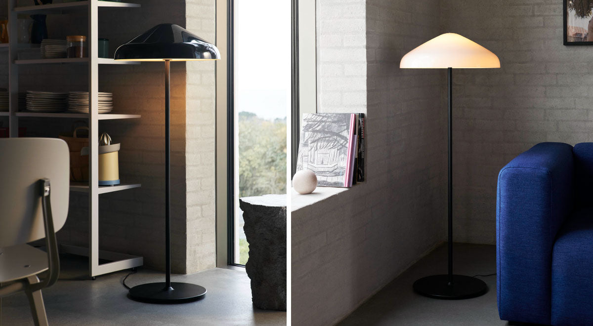 A collage of two images featuring Pao steel floor lamps by HAY. Both are set in a living room with a concrete floor and painted brick wall.
