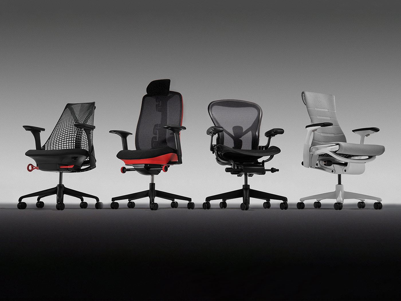 4x3 lineup of Herman Miller's ergonomic gaming chairs. Featuring Sayl, Vantum, Aeron and Embody Gaming.