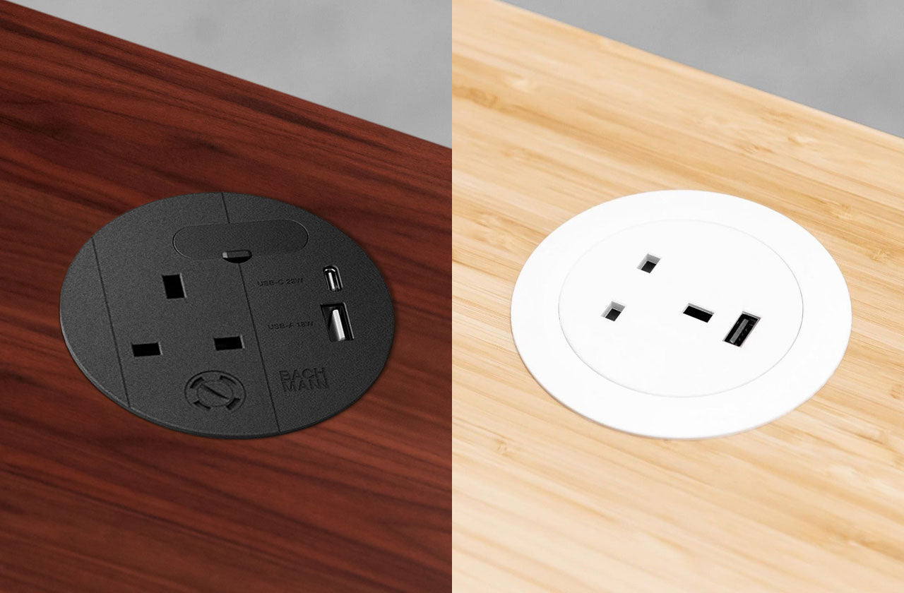 A collage of two close-up images, showing a black and white powered grommet in a Jarvis standing desk, featuring AC power sockets and a USB charging port.