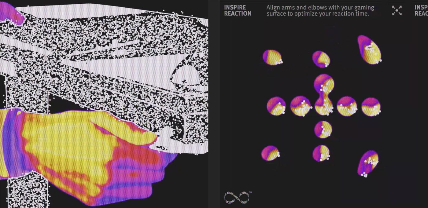Thermal image style picture of person sat in Embody gaming chair at a Nevi gaming desk with Ollin monitor arm
