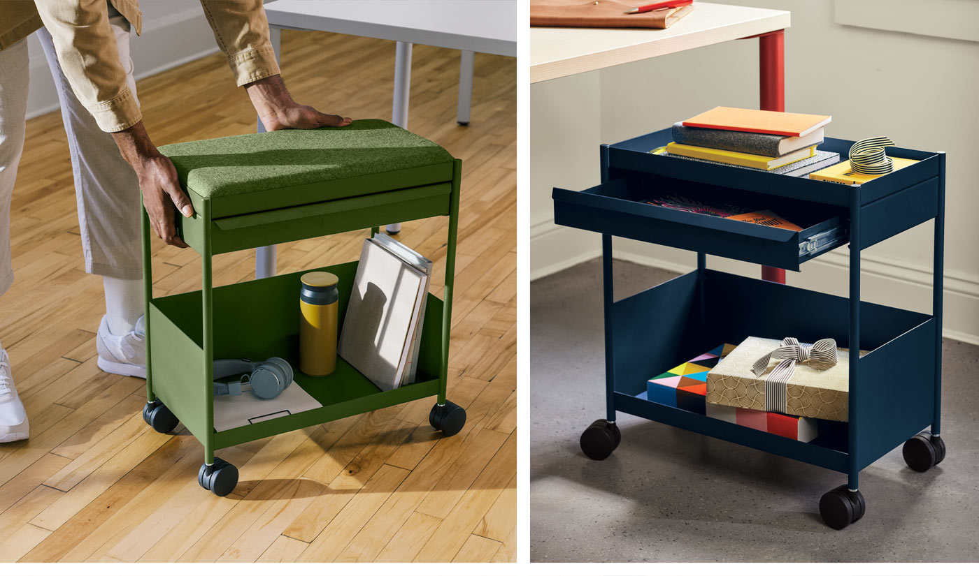 A collage of two images. The first is a person pushing a green OE1 trolley by Herman Miller, featuring a water bottle, some headphones and a stack of paperwork. The second is a blue OE1 trolley by Herman Miller featuring a number of books, notepads and other office accessories.