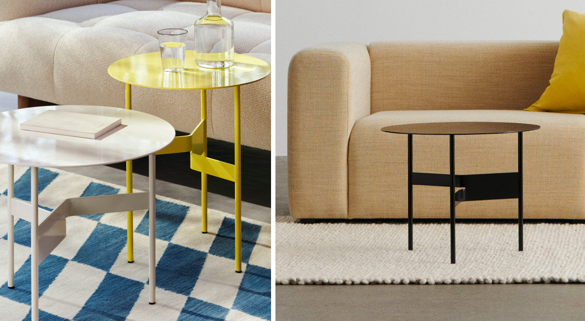 A collage of two images featuring a white, yellow and black Shim side table by HAY. Both are set in a living room space with a beige sofa and rug.