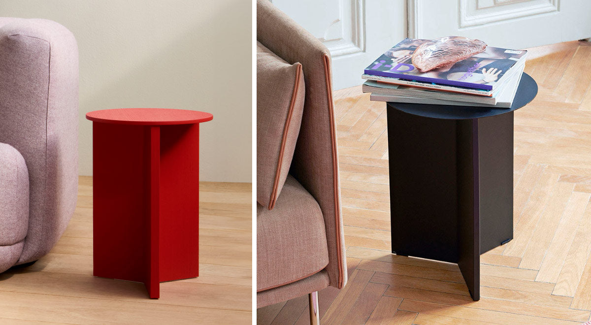 A collage of two images featuring a red and blue Slit table by HAY. Both are set in a living room space with a wooden floor and pink sofa.