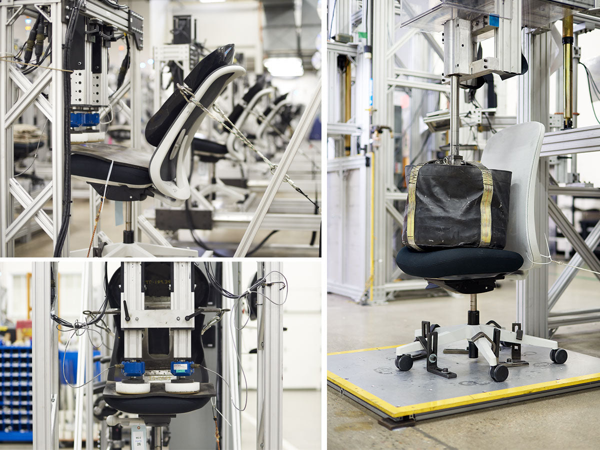 Trio of photos showing some of the quality test Herman Miller chairs go through in the test laboratory