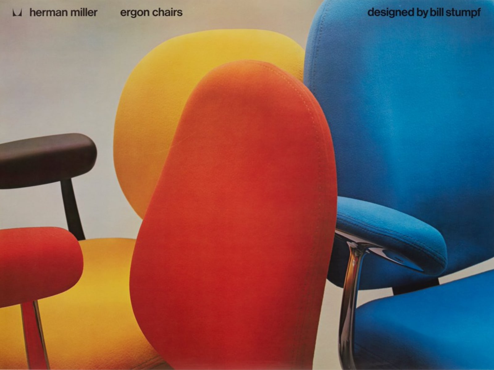 Collage style photo of archived Ergon chair designed by Bill Stumpf in yellow, orange and blue