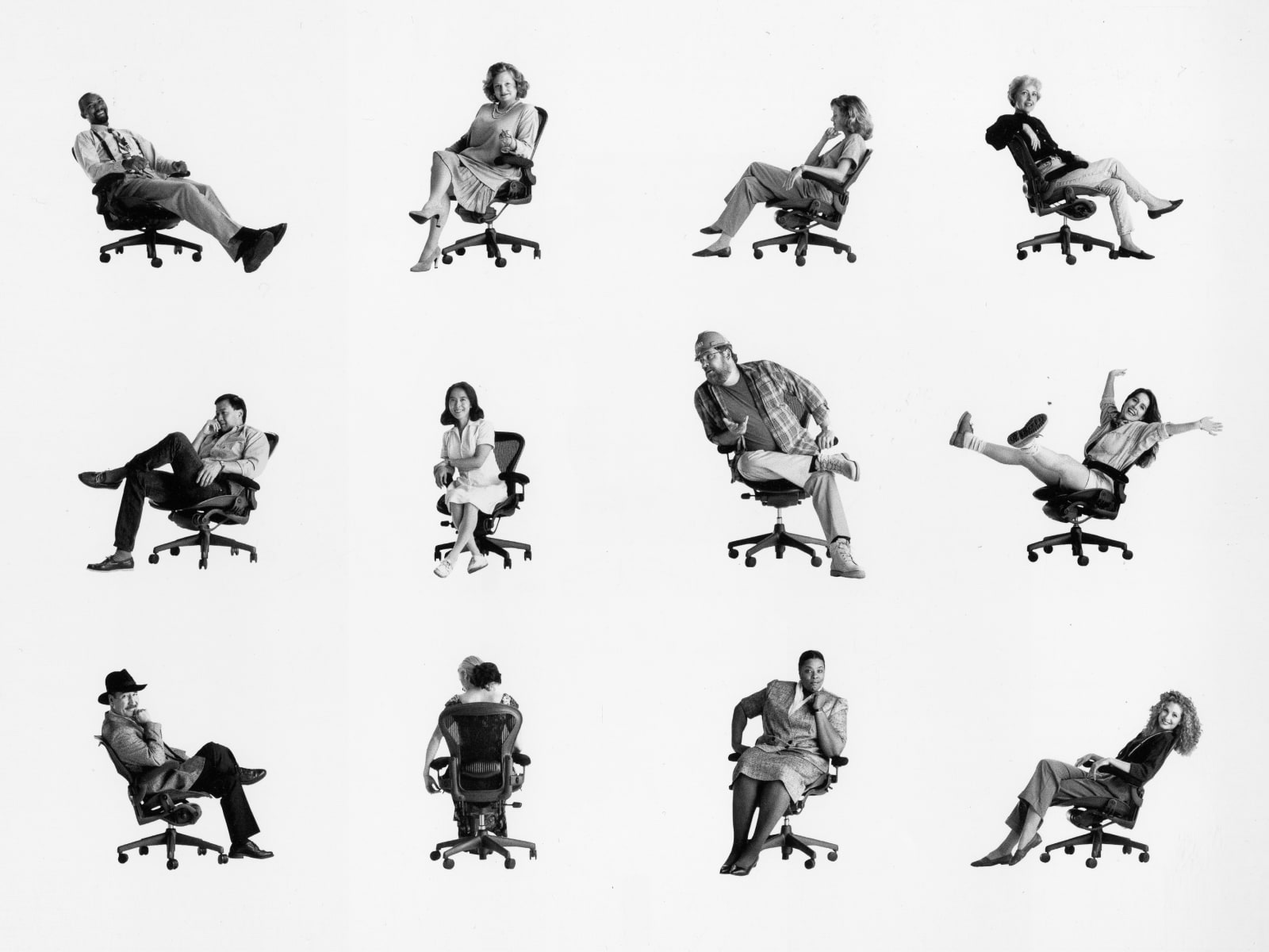 Grid style image featuring smaller images of different people sitting in Icon Herman Miller Aeron chairs