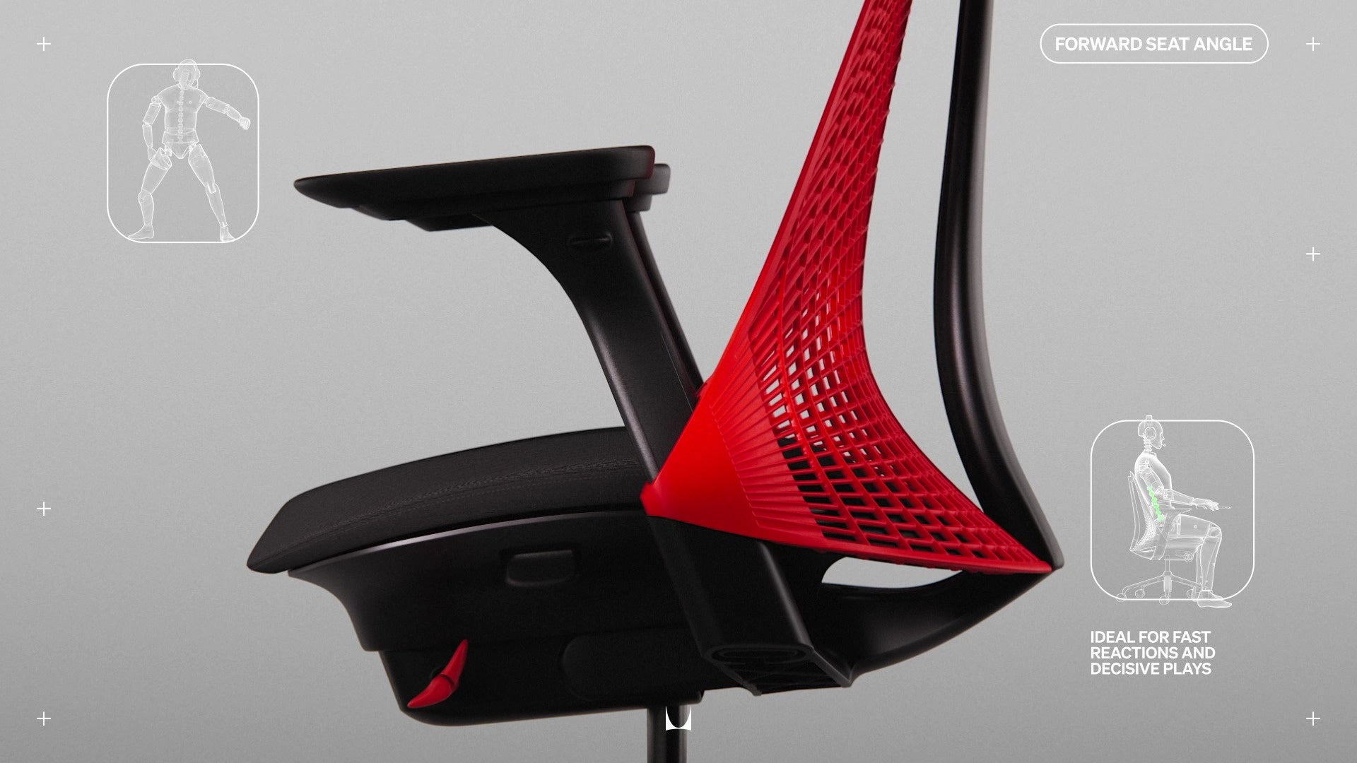Side view of Sayl gaming chair showing all the adjustment mechanisms annotated with small line drawings with wording 'Forward seat Angle' and 'Ideal fast reaction and decisive plays'