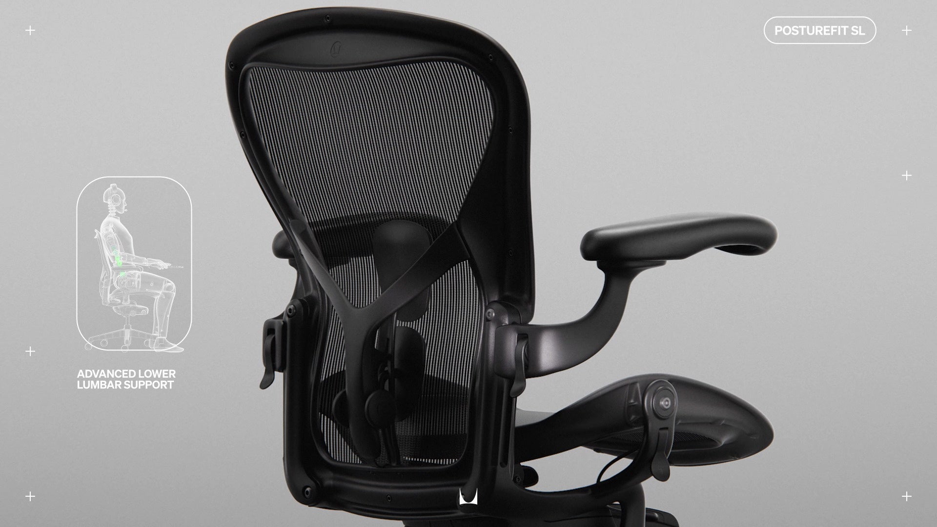 Rear view of Aeron gaming chair annotated with line drawing of  of person sat in chair with wording 'Advanced lower lumber support' and 'Posturefit SL'