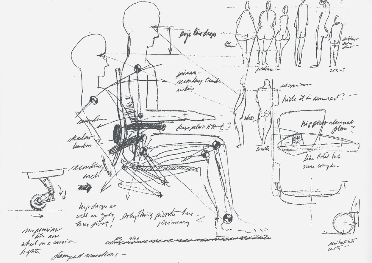 Pencil sketches looking at ergonomics of human body whilst seating with various chair adjustment mechanisms
