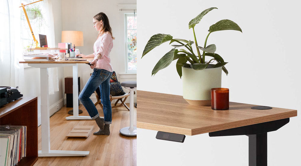 A collage of two images. The first is a woman stood working at a Jarvis standing desk in a home office space, with wooden floors and white walls. The second is a close-up of the control panel.