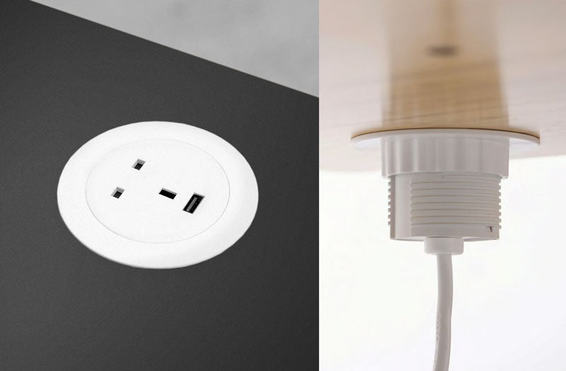 A collage of two close-up images, showing a white powered grommet in a Jarvis standing desk, featuring AC power sockets and a USB charging port.