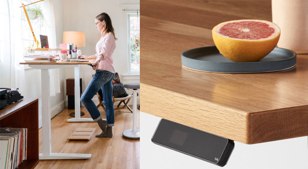Collage showing a woman stood at a Jarvis sit-stand desk in a bright home office as well as a close view of a light oak solid wood topped Jarvis and its programmable adjustment.