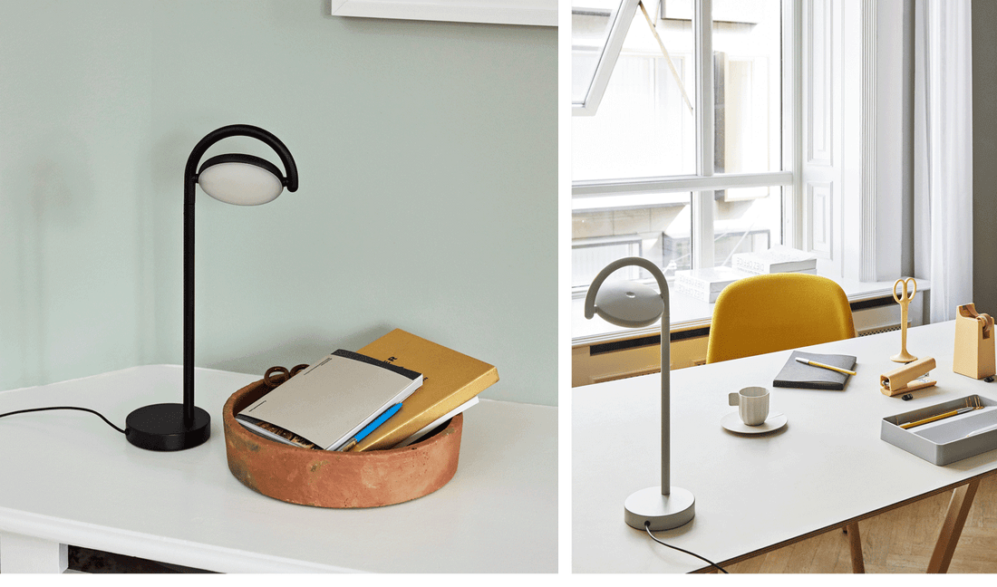 Two images featuring HAY Marselis desk lamps in black and white as part of a home office.