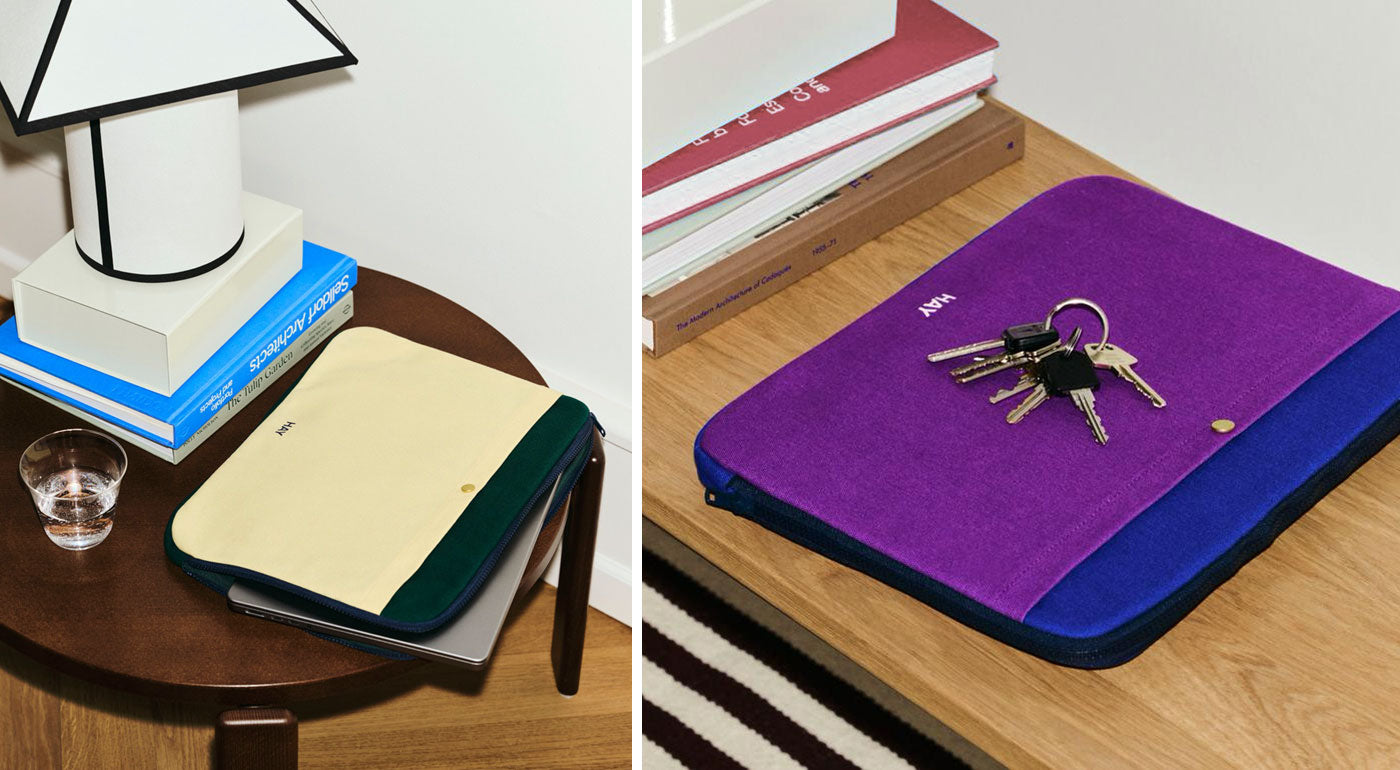 Two shots of HAY Multi Laptop Covers in beige/green and purple/blue.