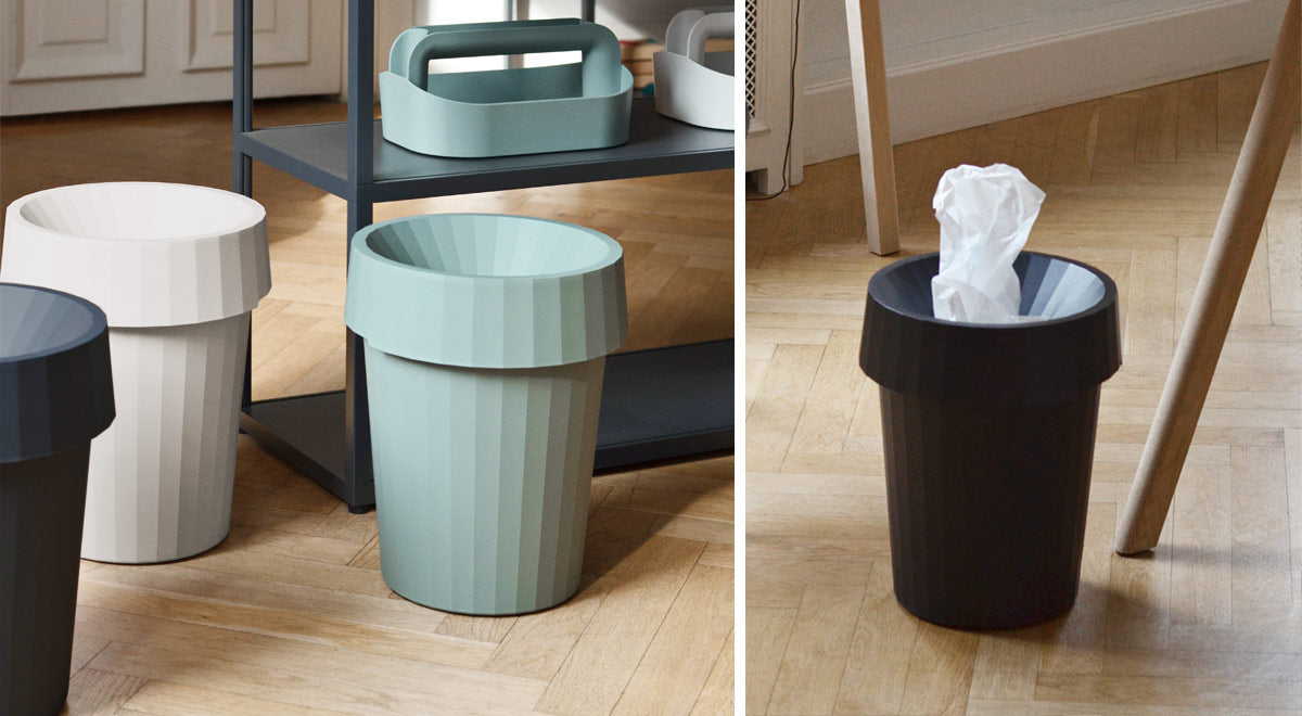 A collage of two images featuring HAY Shade bins in white, green and black. Both images feature a parquet wooden floor in a home environment.