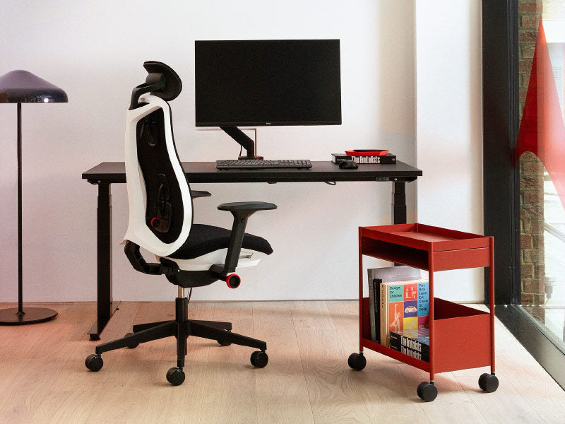 A Herman Miller Sayl chair set up with a Jarvis desk, HAY Slant lamp and CBS Ollin monitor arm.