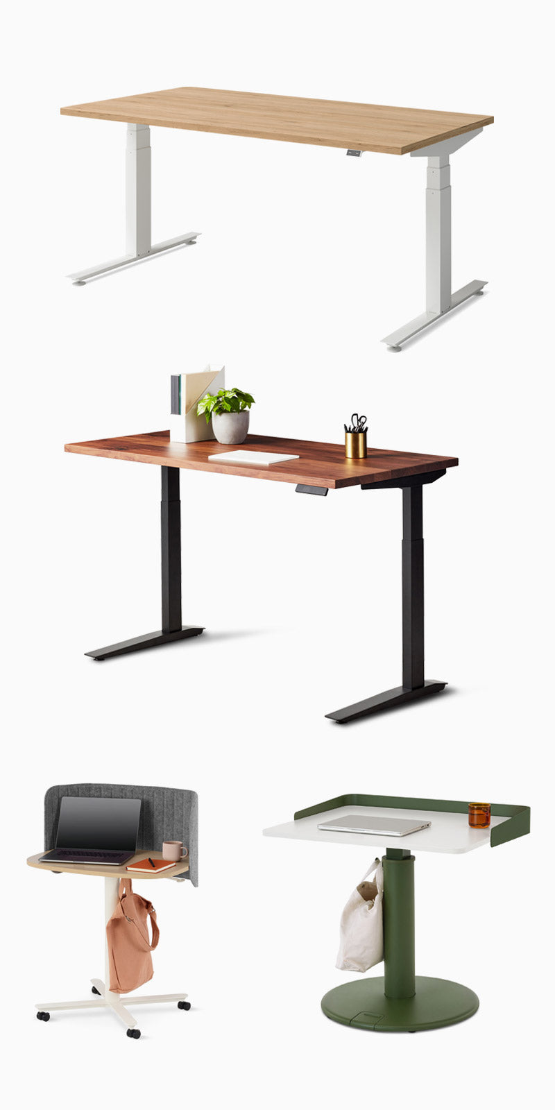 Image with Jarvis sit-stand desk with white legs and oak top, Nevi sit-stand desk with black legs and wooden top, Passport work table with felt screen and OE1 rectangular sit-stand table with black legs and white top with screen