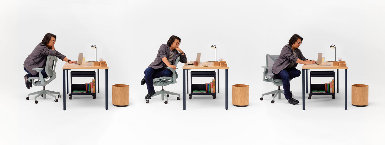Montage of 3 images of Kevin Kwan sat in low back Glacier Cosm office chair at different angles in front of fixed height OE1 desk in nightfall blue and ash with OE1 storage trolley underneath