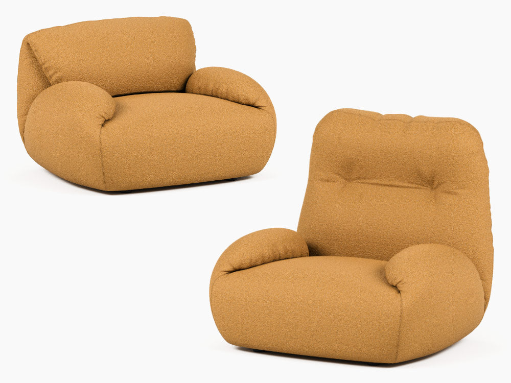 Two mustard yellow Luva armchairs by Herman Miller, one with the back fully upright and one with the back folded down.