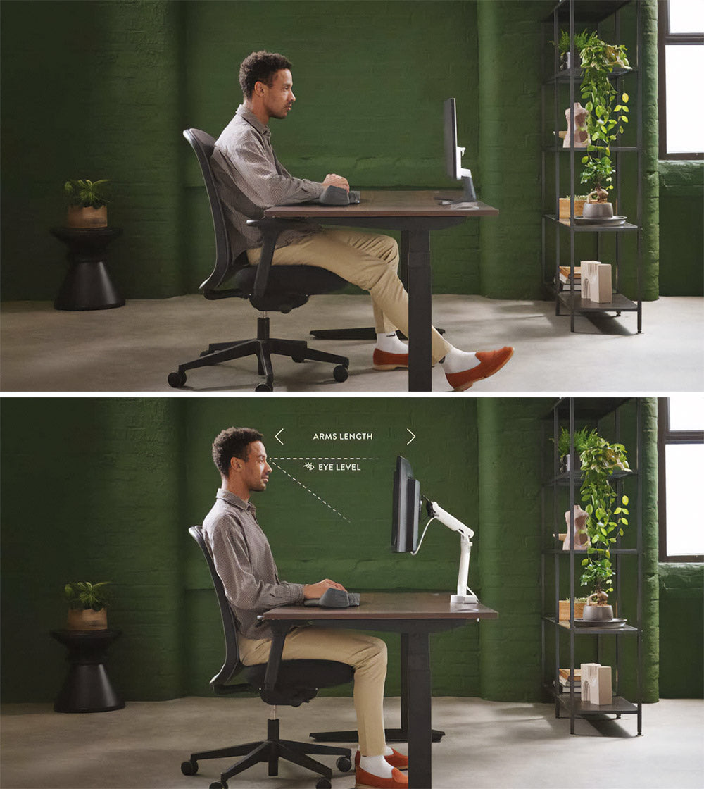 Two images comparing a man's posture with and without a monitor arm as part of a home office setup.