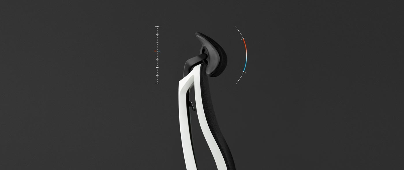 Side view of a white and black Vantum gaming chair by Herman Miller, overlaid with white graphics highlighting the adjustable headrest.