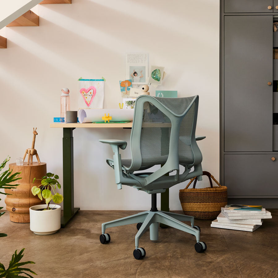 Image showing a small home office space with compact sit-stand desk with low back Cosm office chair in glacier grey