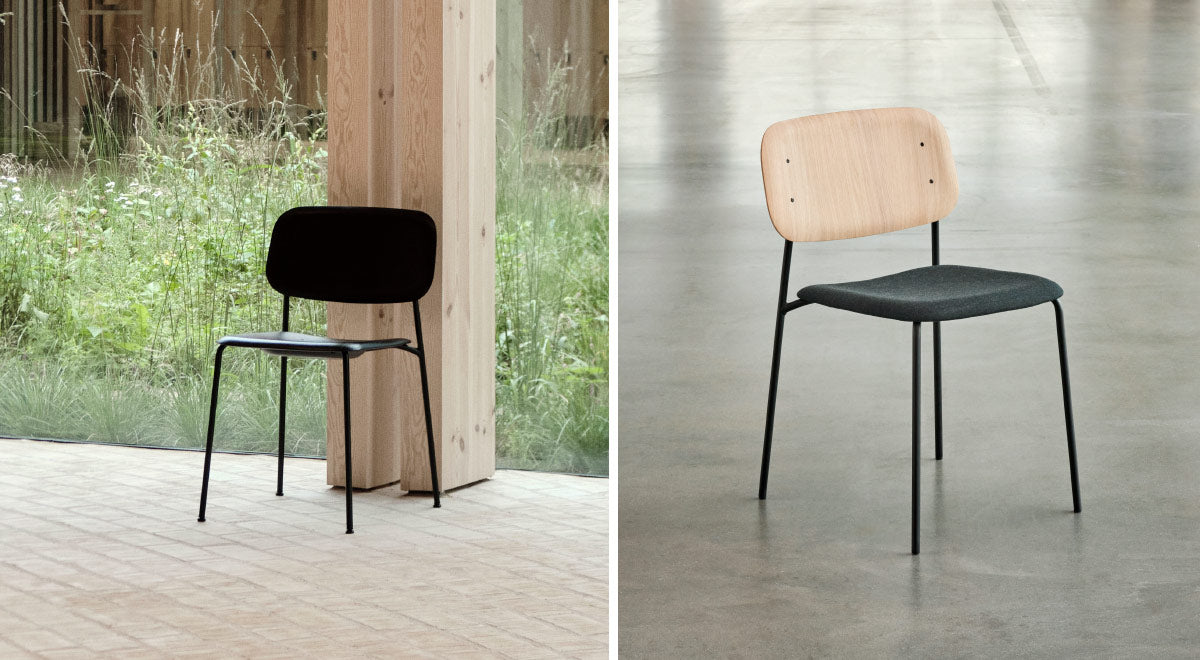 A collage of two images showing two Soft Edge 44 chairs by HAY, one black and one oak and black.