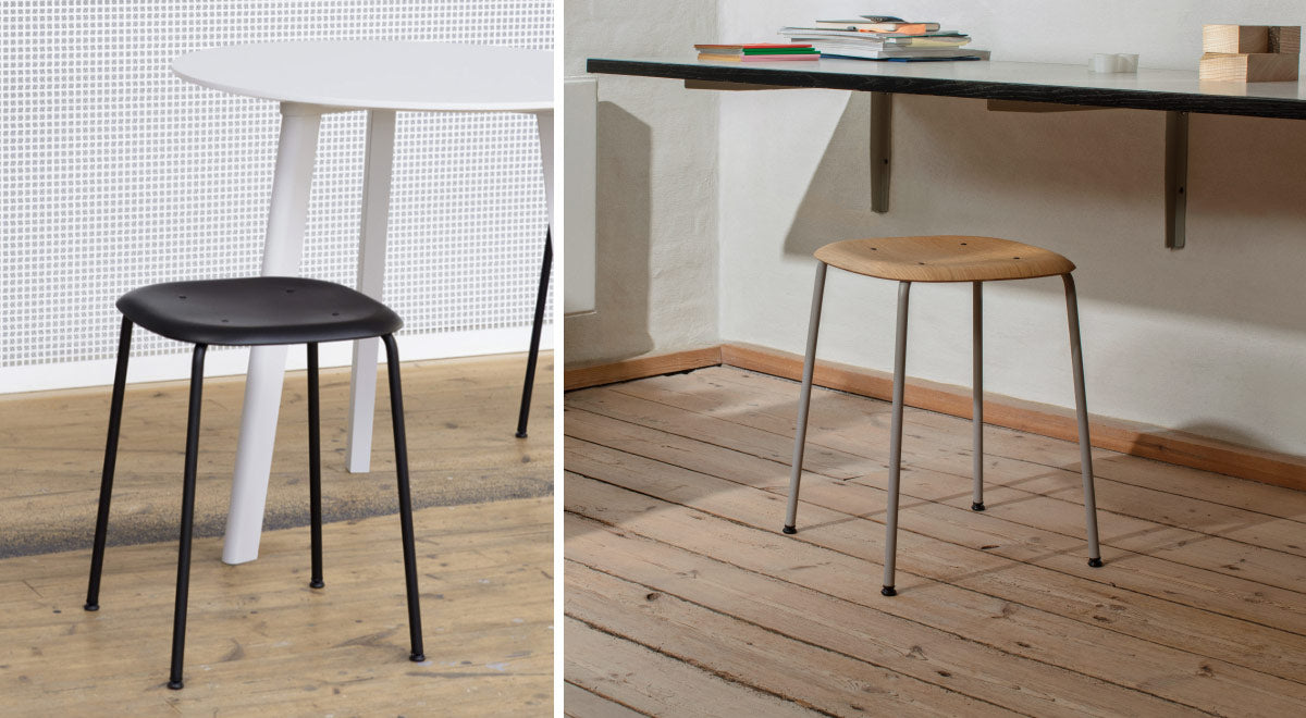A collage of two images showing two Soft Edge 70 stools by HAY, one black and one oak and grey.