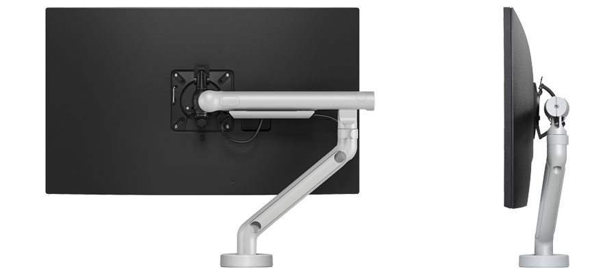 Rear and side views of a CBS Flo monitor arm with a screen attached.