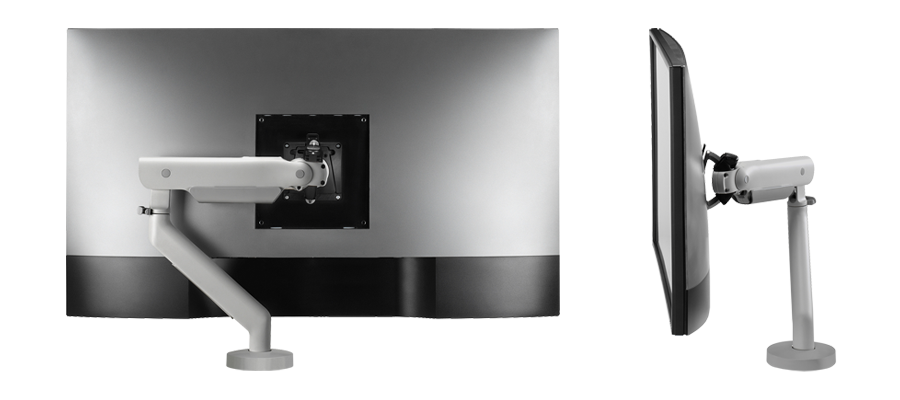 Rear and side views of a CBS Flo X monitor arm with a screen attached.