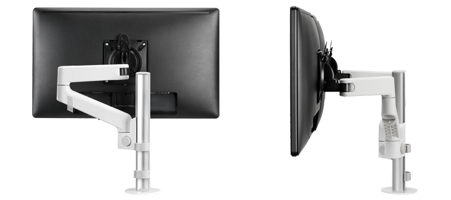 Rear and side views of a CBS Lima monitor arm with a screen attached.