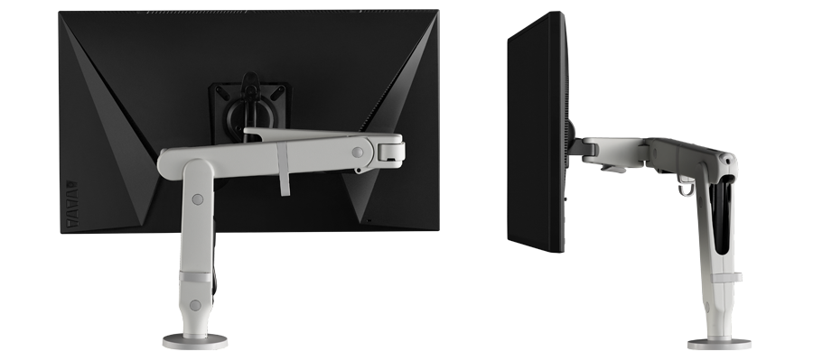 Rear and side views of a CBS Flo X monitor arm with a screen attached.