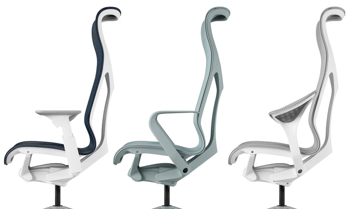 Three Cosm chairs showing the arm options available